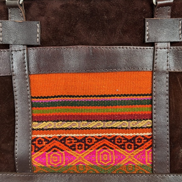 Bolivian Suede Leather Stamped Tapestry Bucket Shoulder Tote Bag - Picture 4 of 9